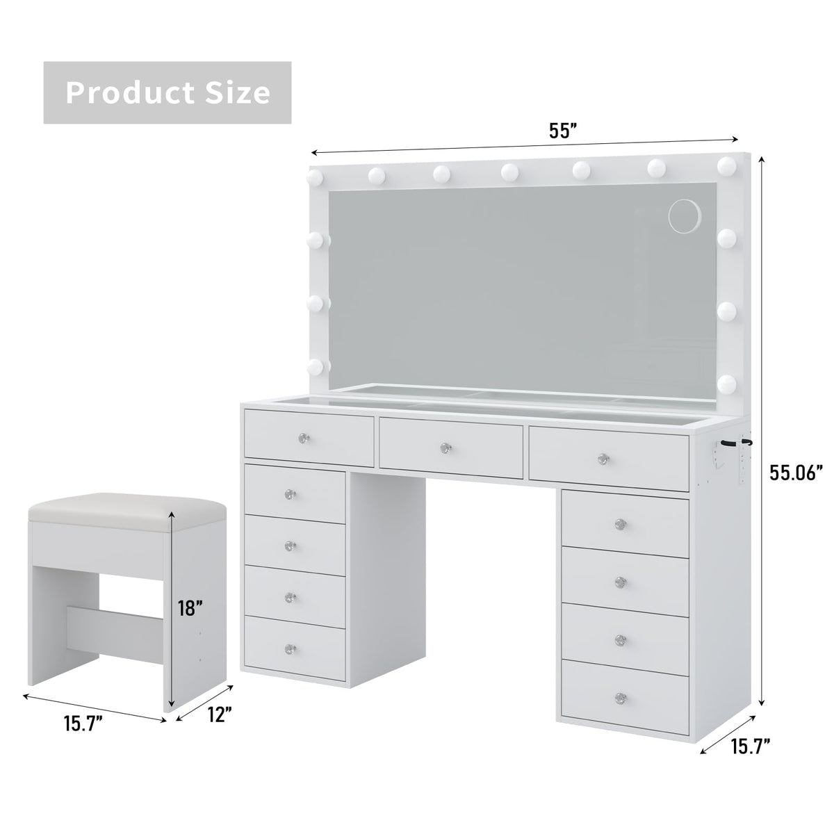 11 Drawer Vanity Desk with Mirror and LED Bulbs X390357