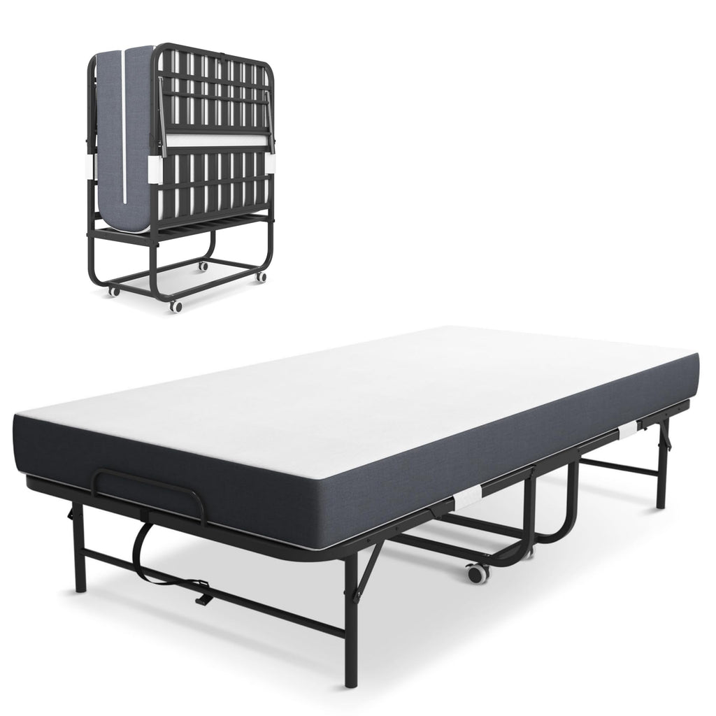 Folding Bed with Mattress, Twin Size Metal Bed Frame with Wheels T574211
