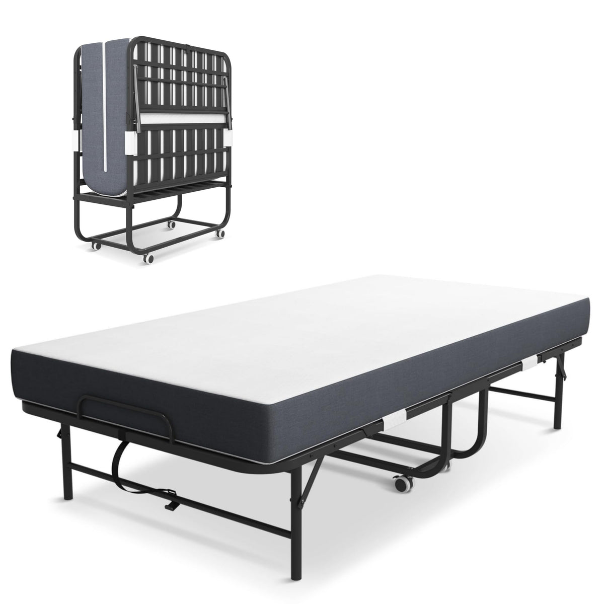 Folding Bed with Mattress, Twin Size Metal Bed Frame with Wheels T574211