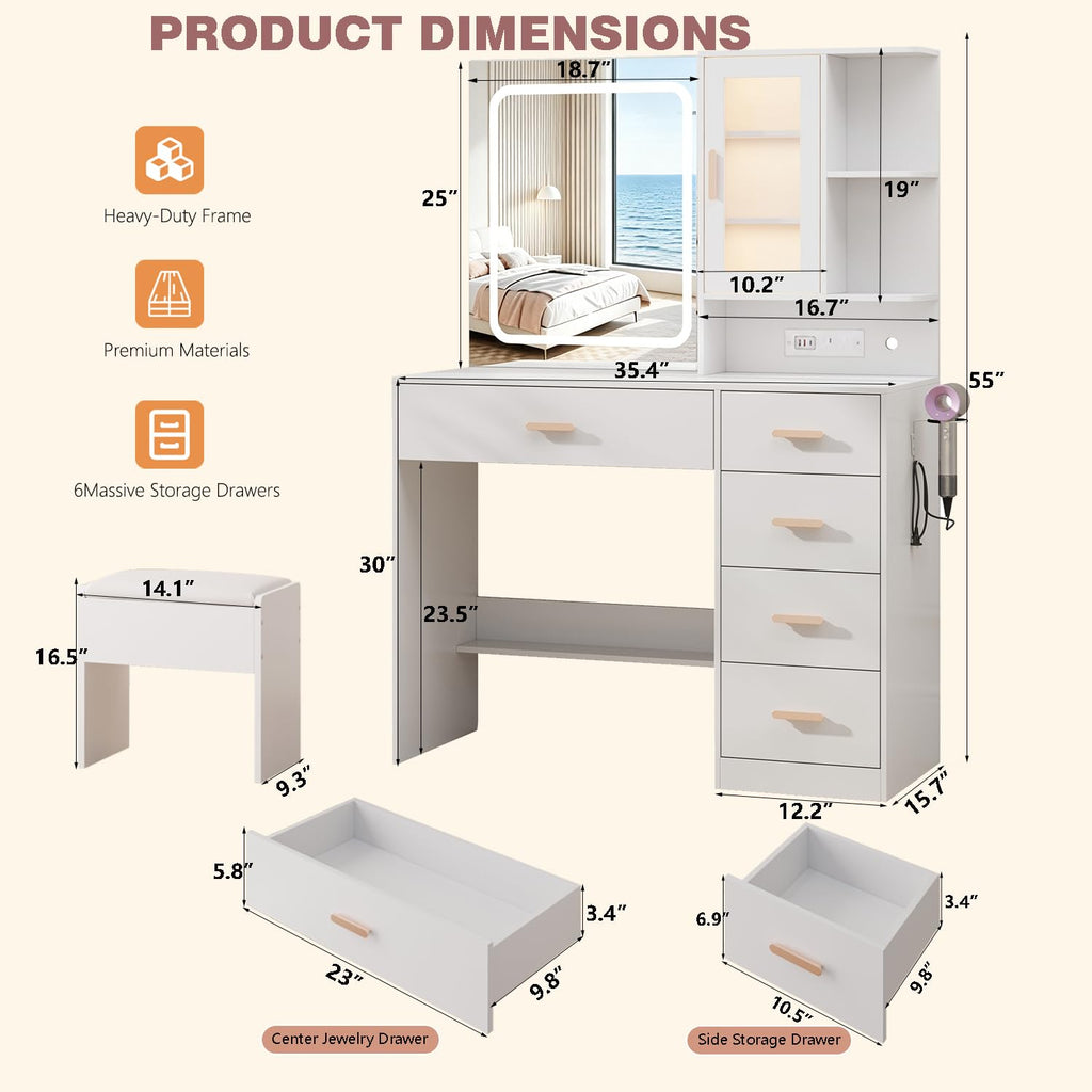 White Vanity Desk with LED Lights Mirror, 5 Drawers, Charging Station & Cushion Stool K378