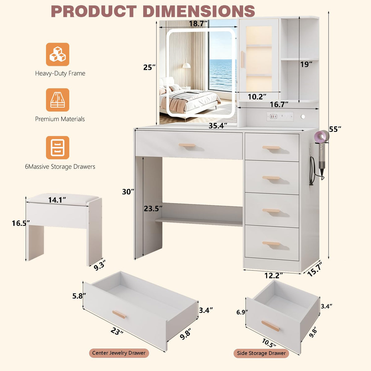 White Vanity Desk with LED Lights Mirror, 5 Drawers, Charging Station & Cushion Stool K378