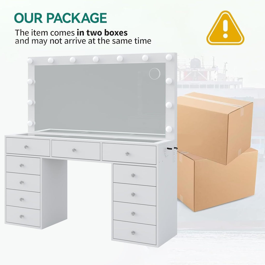 11 Drawer Vanity Desk with Mirror and LED Bulbs X390357