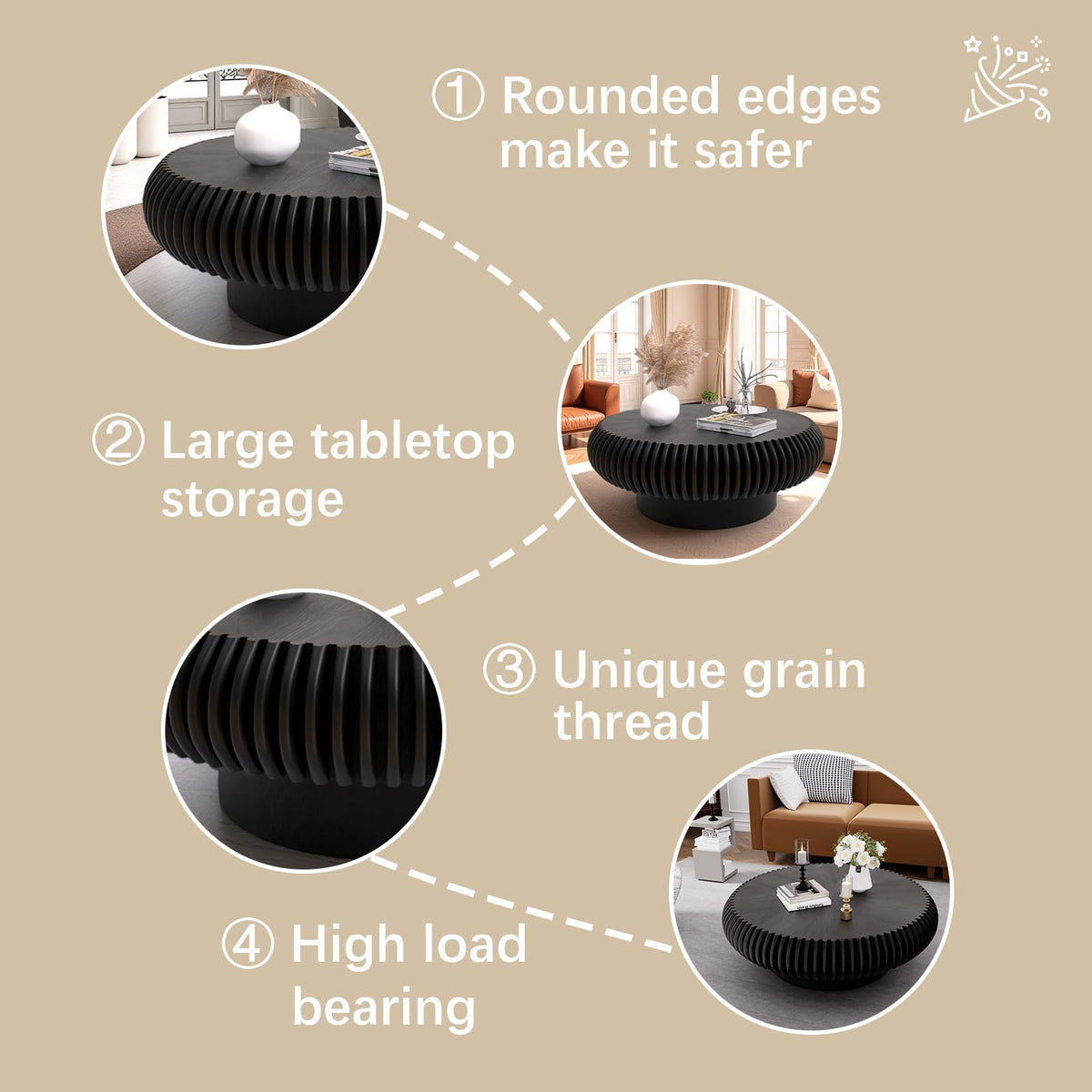 Black Round Fluted Drum Coffee Table S747