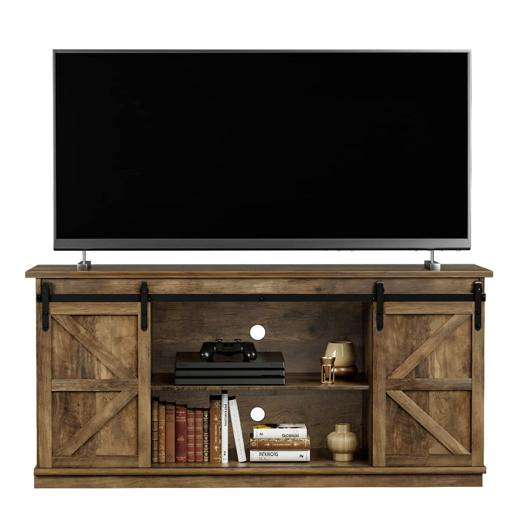 Farmhouse TV Stand for 65 Inch TV with Sliding Barn Doors and Storage Cabinets C1238