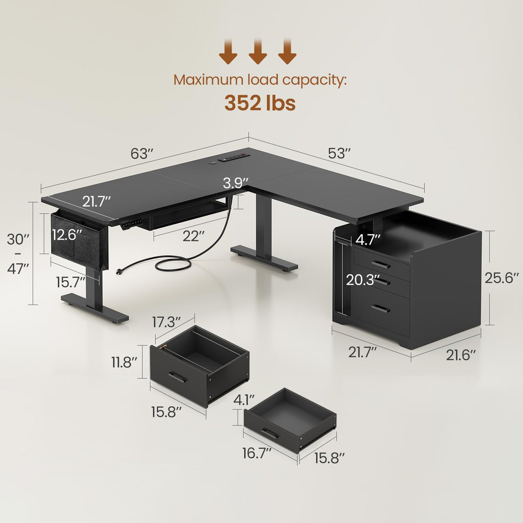 L Shaped Standing Desk with File Cabinet S538