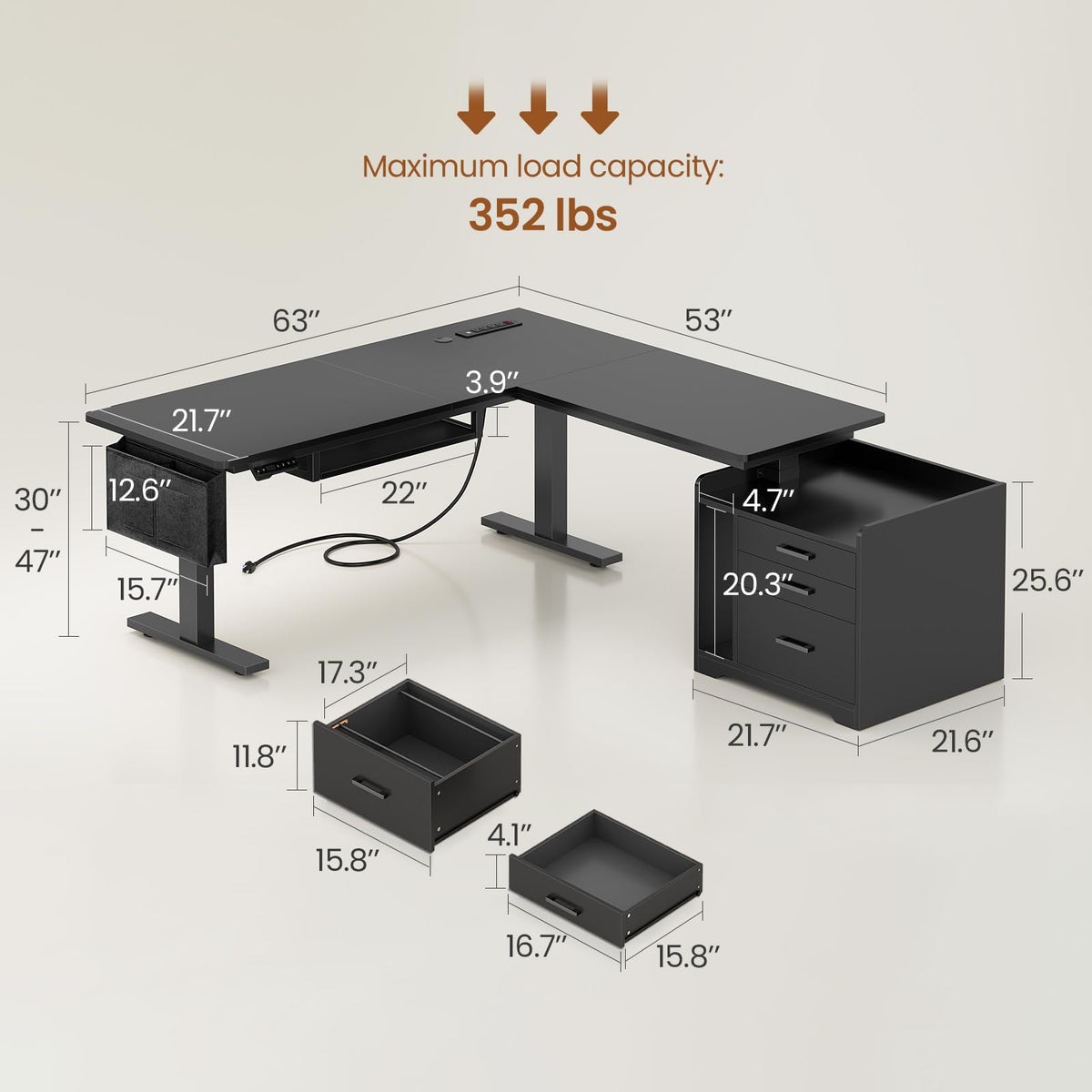 L Shaped Standing Desk with File Cabinet S538