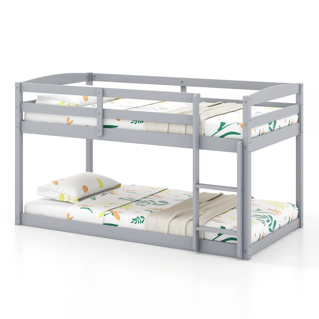 Twin Over Twin Solid Wood Low Bunk Bed with Ladder and Guardrails Z14243