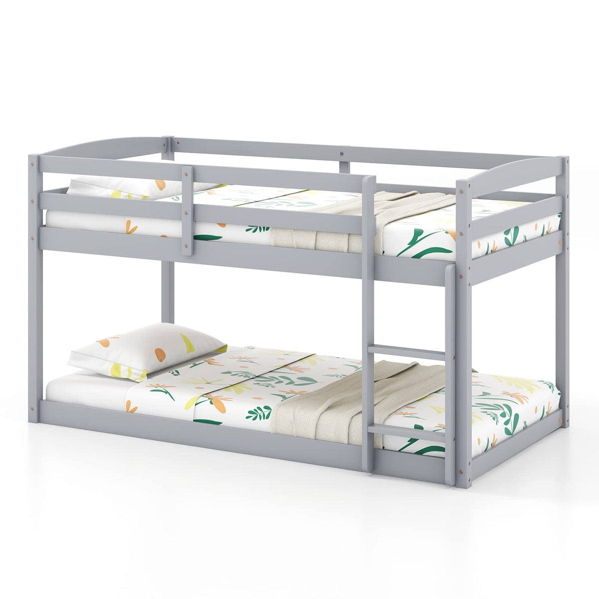 Twin Over Twin Solid Wood Low Bunk Bed with Ladder and Guardrails Z14243