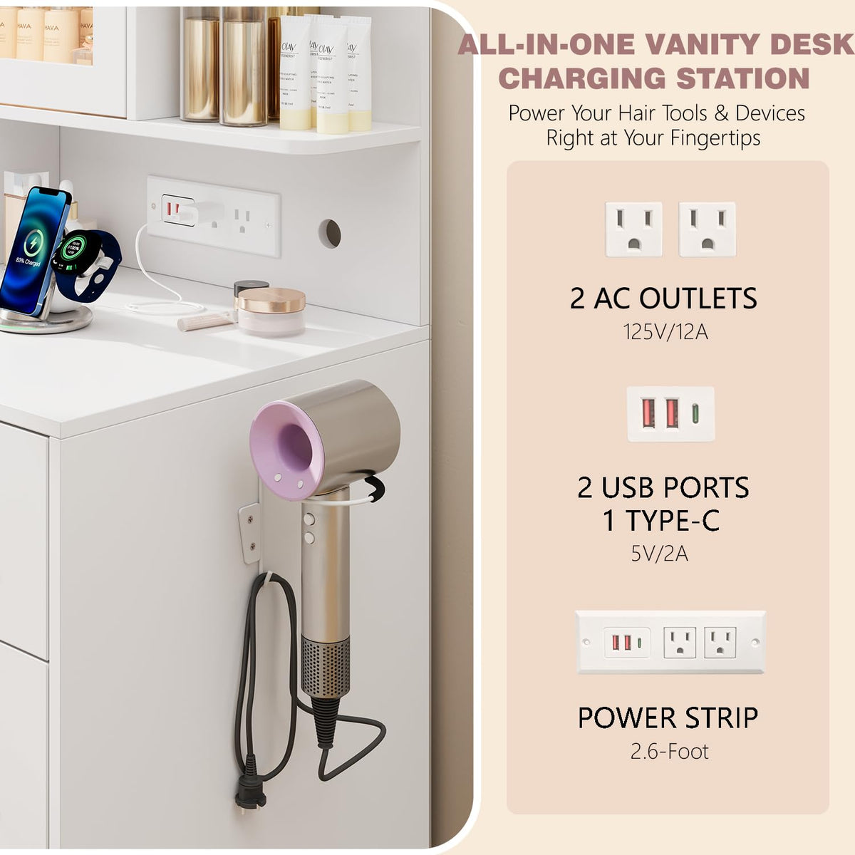 White Vanity Desk with LED Lights Mirror, 5 Drawers, Charging Station & Cushion Stool K378