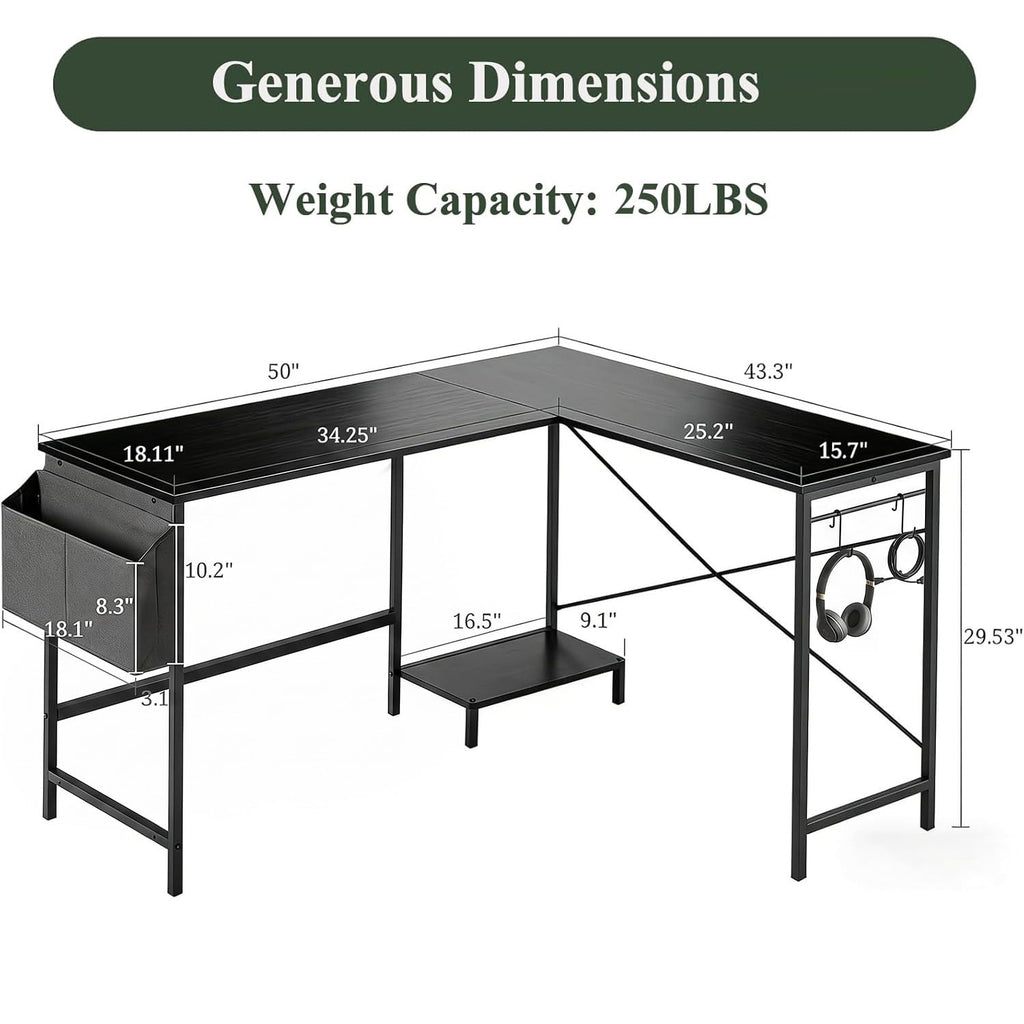 L Shaped 50 Inch Reversible Computer Desk with CPU Stand U7511
