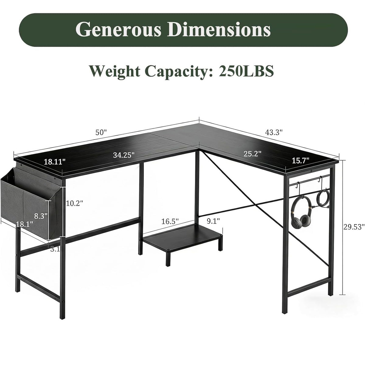 L Shaped 50 Inch Reversible Computer Desk with CPU Stand U7511
