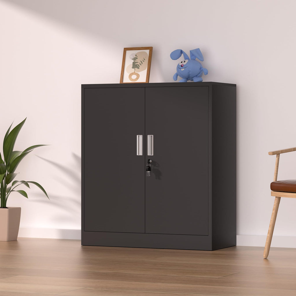 Metal Storage Cabinet with Locking Doors and 2 Adjustable Shelves, Black P656063