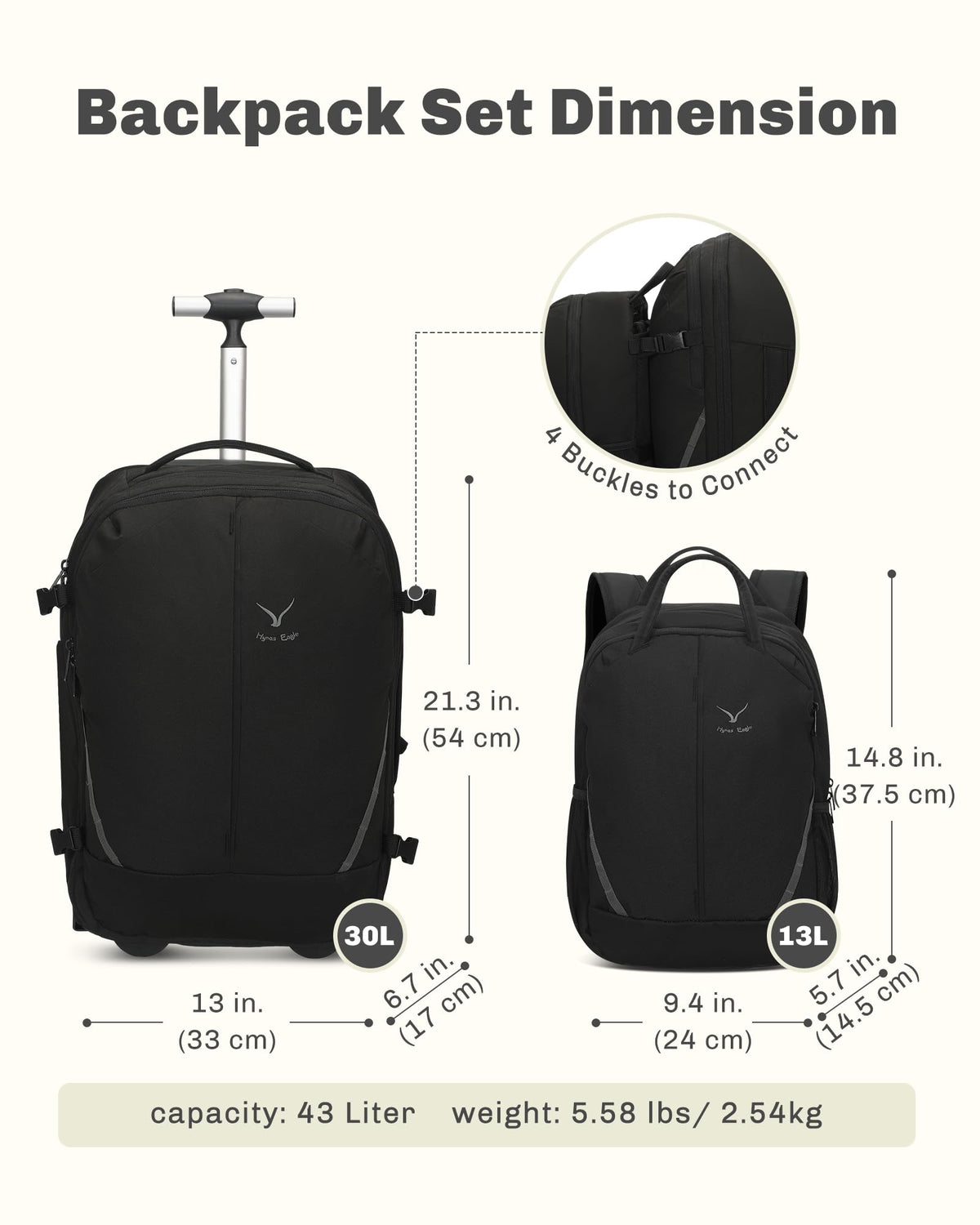 Rolling Backpack with Wheels 43L with Packing Cubes Set 6PC E3452
