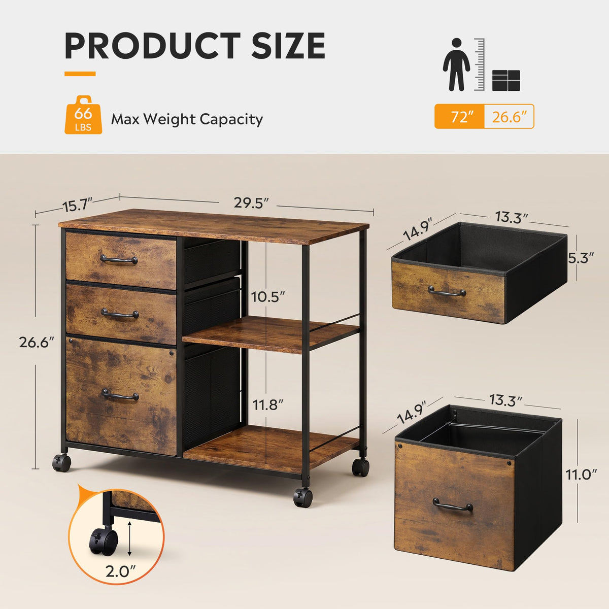 3 Drawer Fabric Mobile File Cabinet I276588