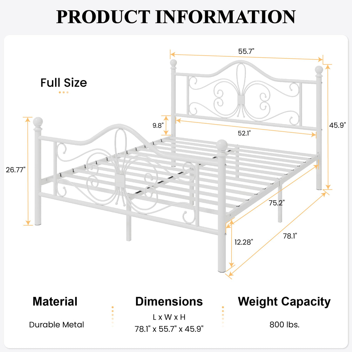 Full Size White Metal Bed Frame with Headboard M120917