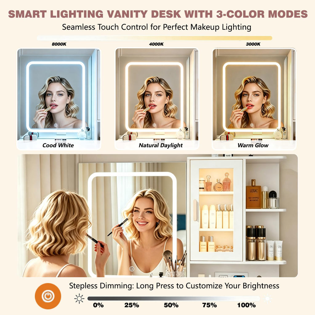 White Vanity Desk with LED Lights Mirror, 5 Drawers, Charging Station & Cushion Stool K378