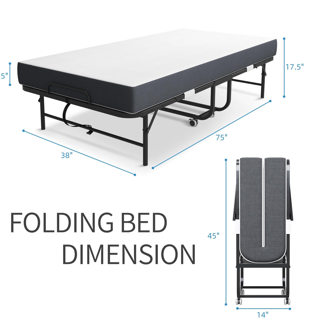 Folding Bed with Mattress, Twin Size Metal Bed Frame with Wheels T574211