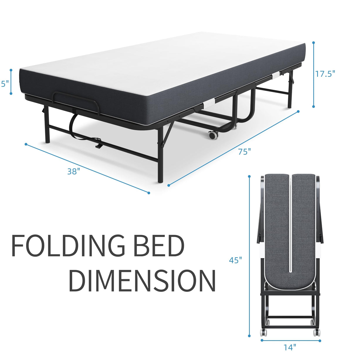 Folding Bed with Mattress, Twin Size Metal Bed Frame with Wheels T574211