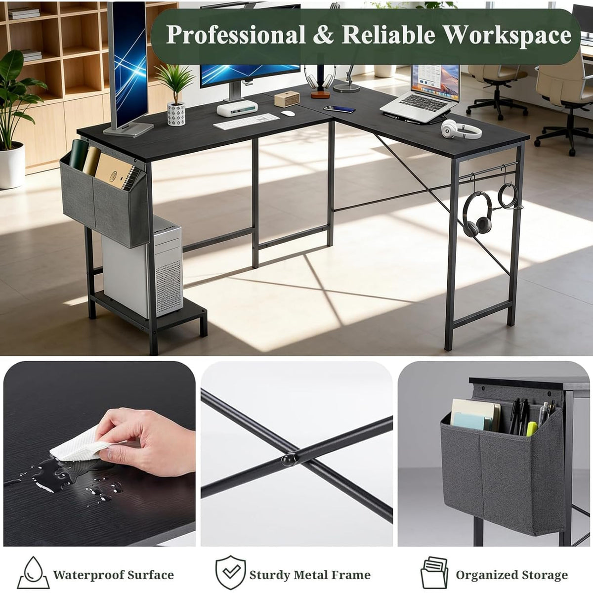 L Shaped 50 Inch Reversible Computer Desk with CPU Stand U7511