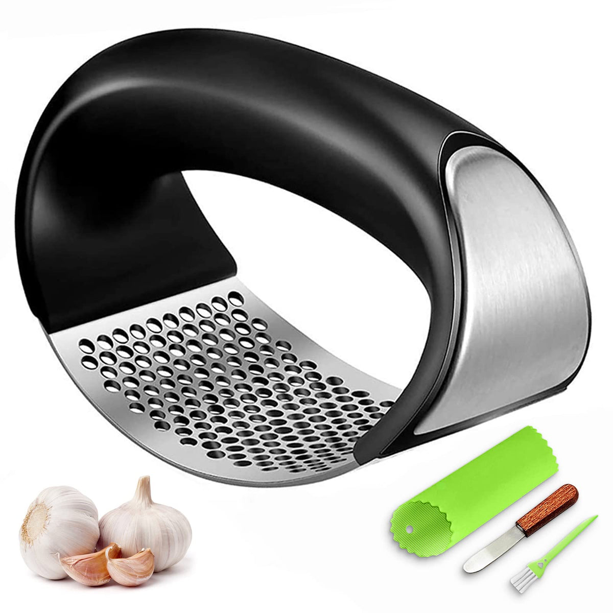 Stainless Steel Garlic Press Rocker with Silicone Peeler B8355