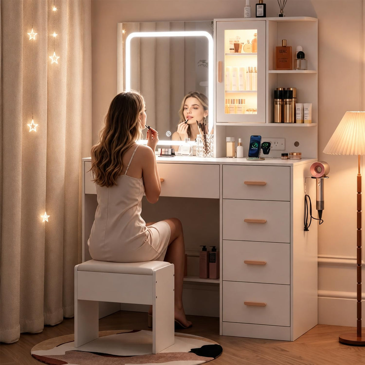 White Vanity Desk with LED Lights Mirror, 5 Drawers, Charging Station & Cushion Stool K378
