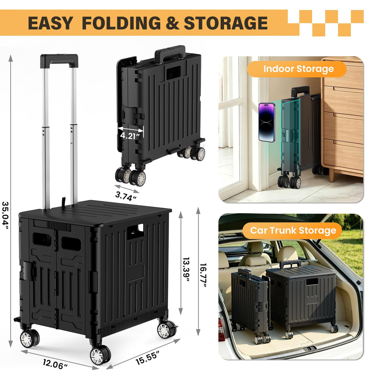 Black Folding Rolling Utility Cart D2337