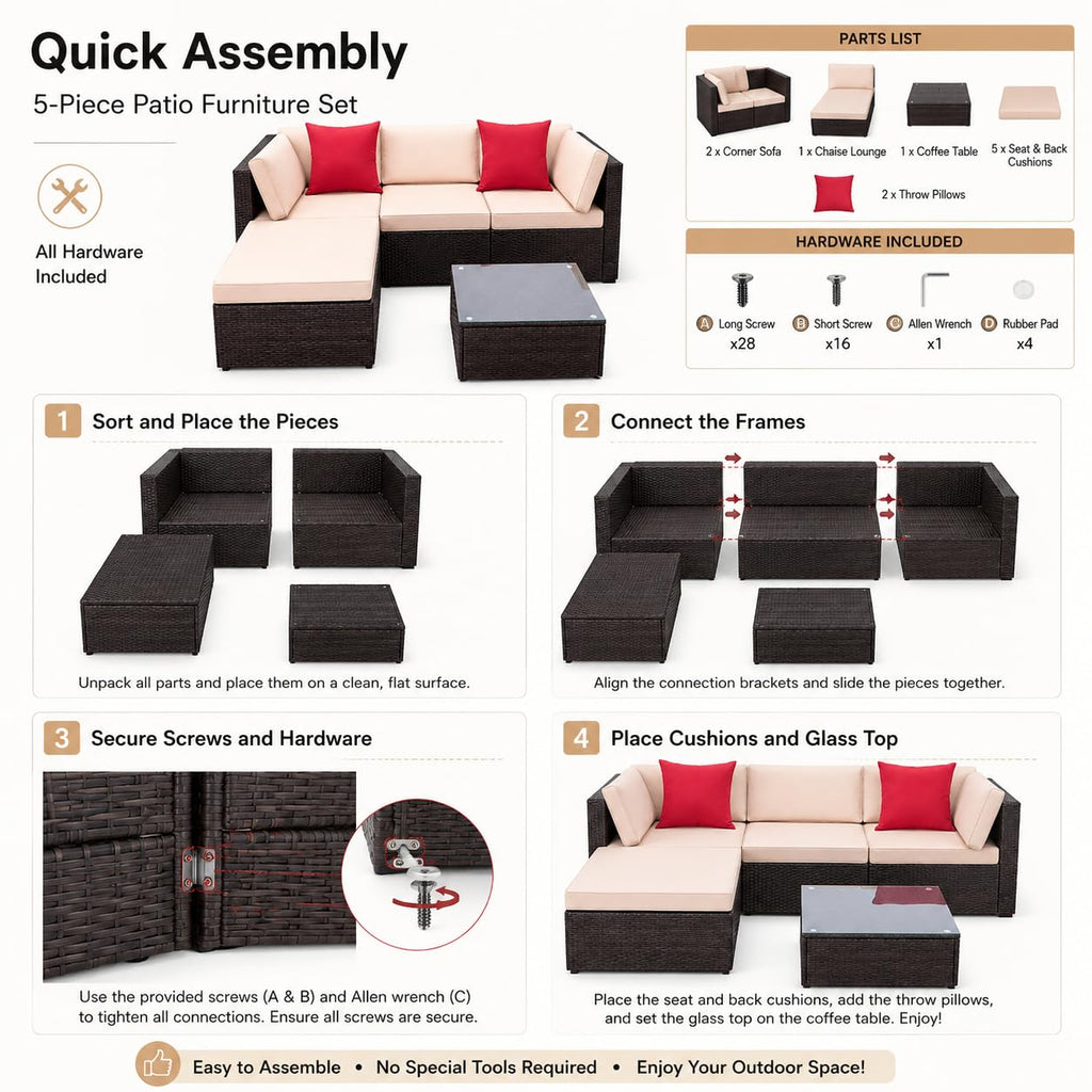 5-Piece Brown Wicker Outdoor Sofa Set with Cushions E339288