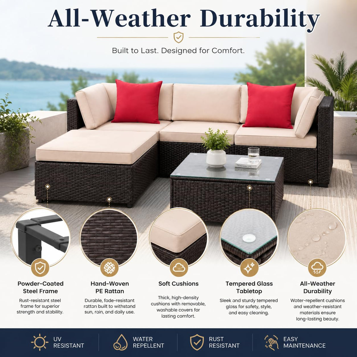 5-Piece Brown Wicker Outdoor Sofa Set with Cushions E339288