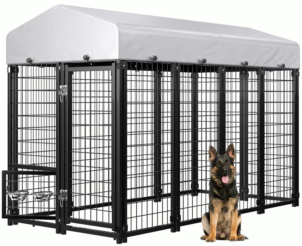 Weatherproof Outdoor Dog Kennel with Roof & Feeders D632889