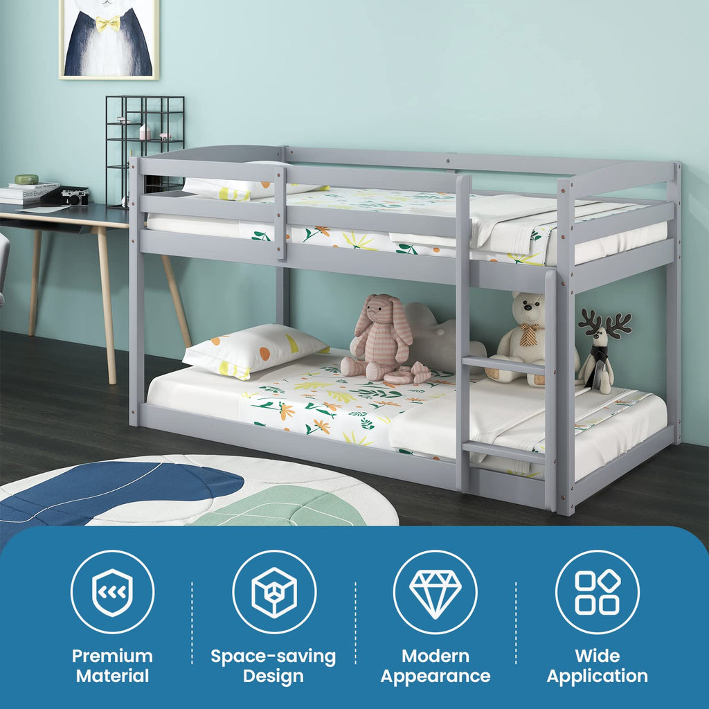 Twin Over Twin Solid Wood Low Bunk Bed with Ladder and Guardrails Z14243
