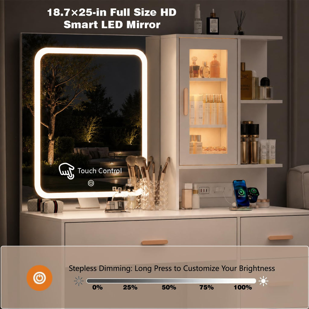 White Vanity Desk with LED Lights Mirror, 5 Drawers, Charging Station & Cushion Stool K378