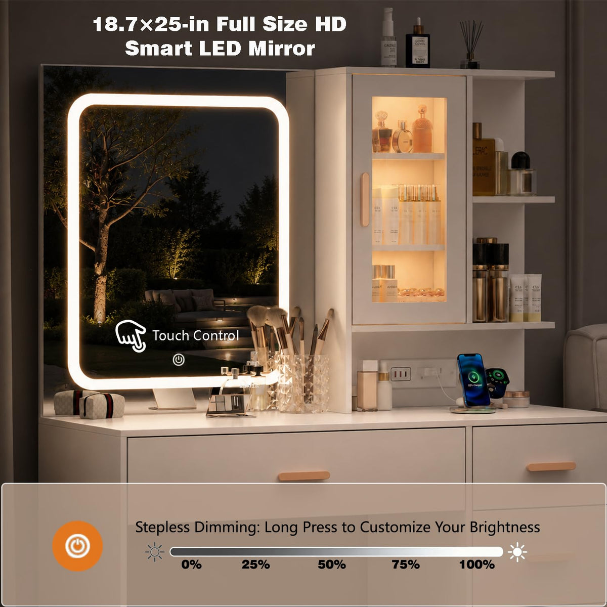 White Vanity Desk with LED Lights Mirror, 5 Drawers, Charging Station & Cushion Stool K378