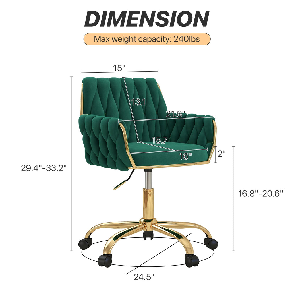 Green Velvet Height Adjustable Swivel Office Chair W216