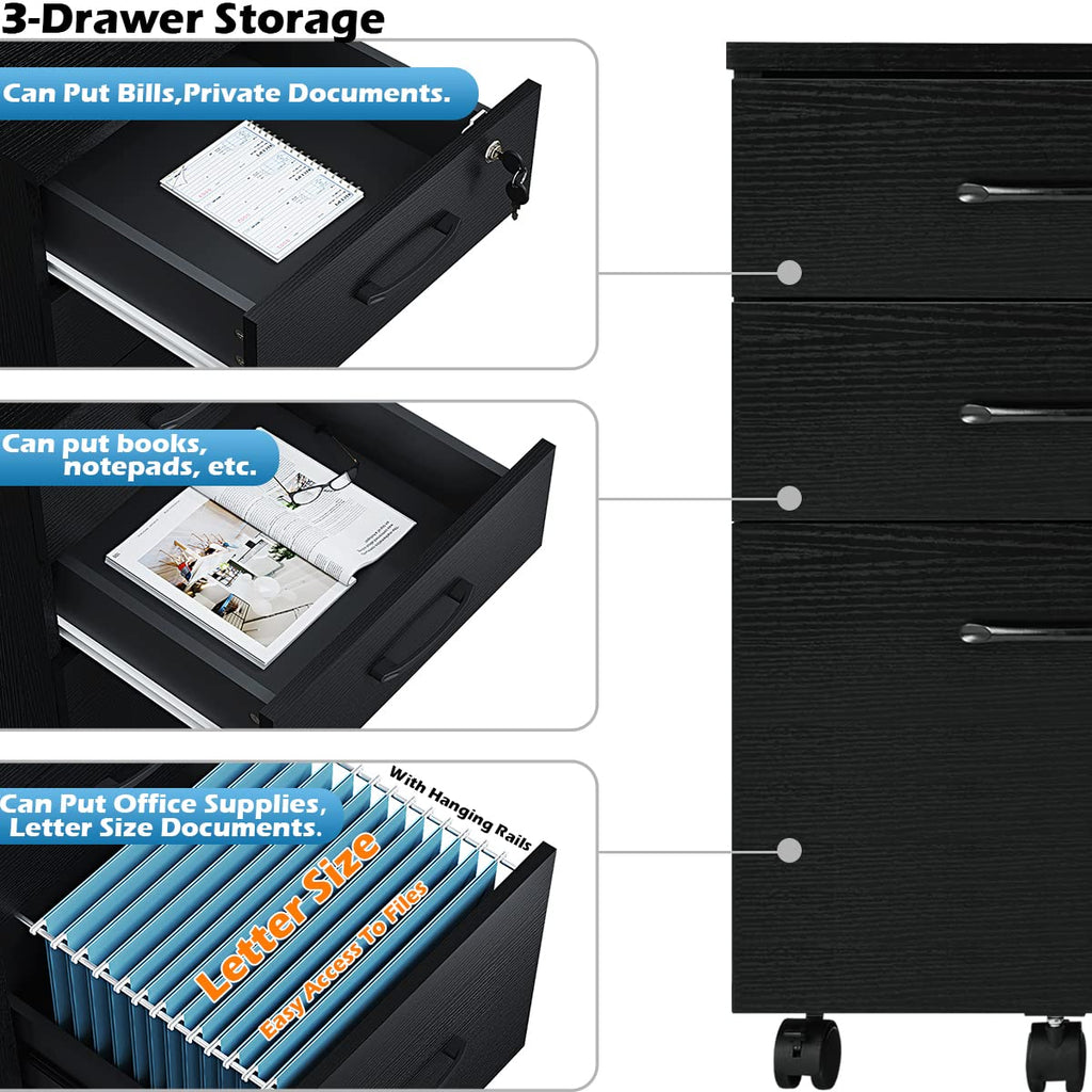 3 Drawer Wood Mobile File Cabinet V905625