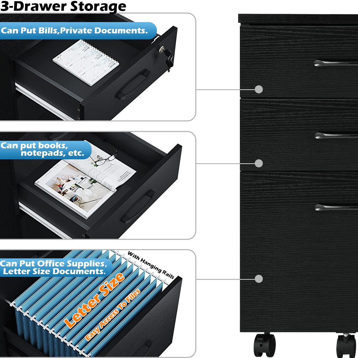 3 Drawer Wood Mobile File Cabinet V905625