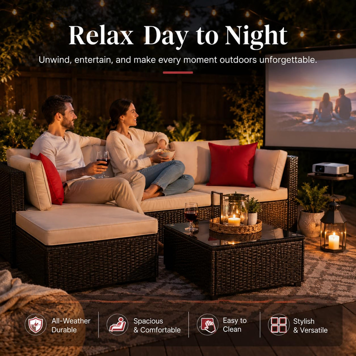 5-Piece Brown Wicker Outdoor Sofa Set with Cushions E339288