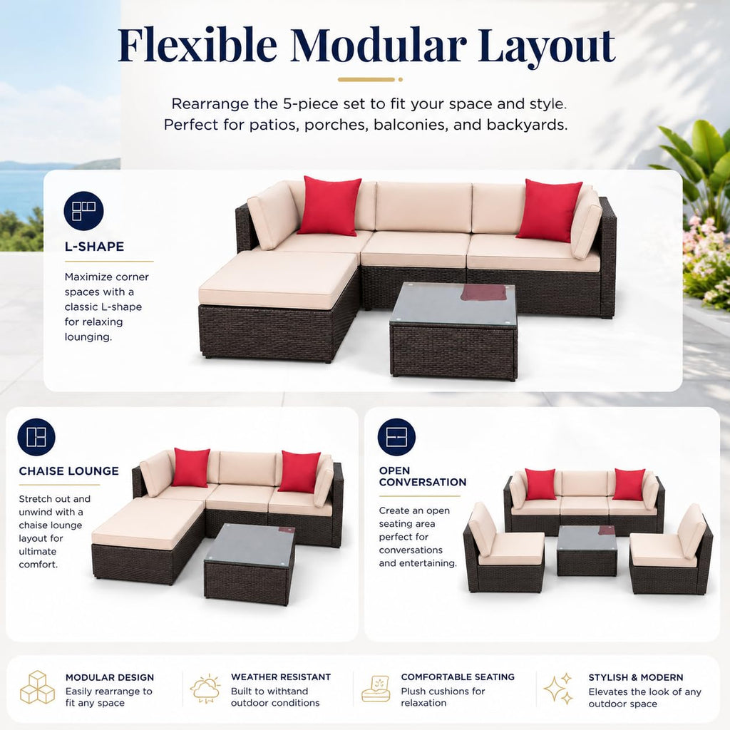 5-Piece Brown Wicker Outdoor Sofa Set with Cushions E339288