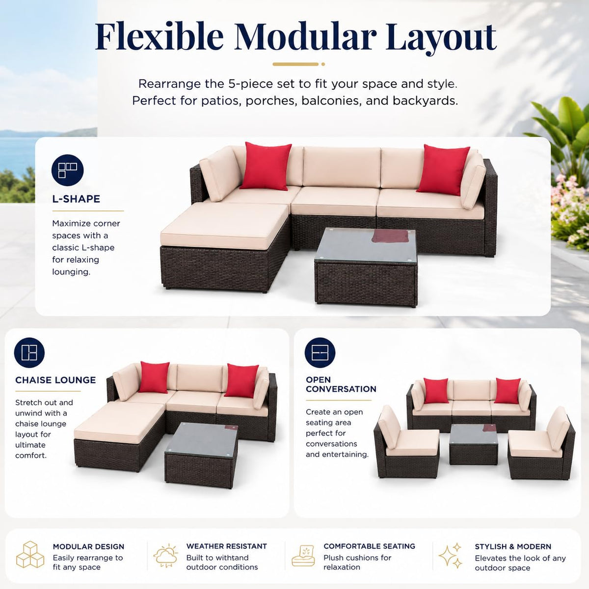 5-Piece Brown Wicker Outdoor Sofa Set with Cushions E339288