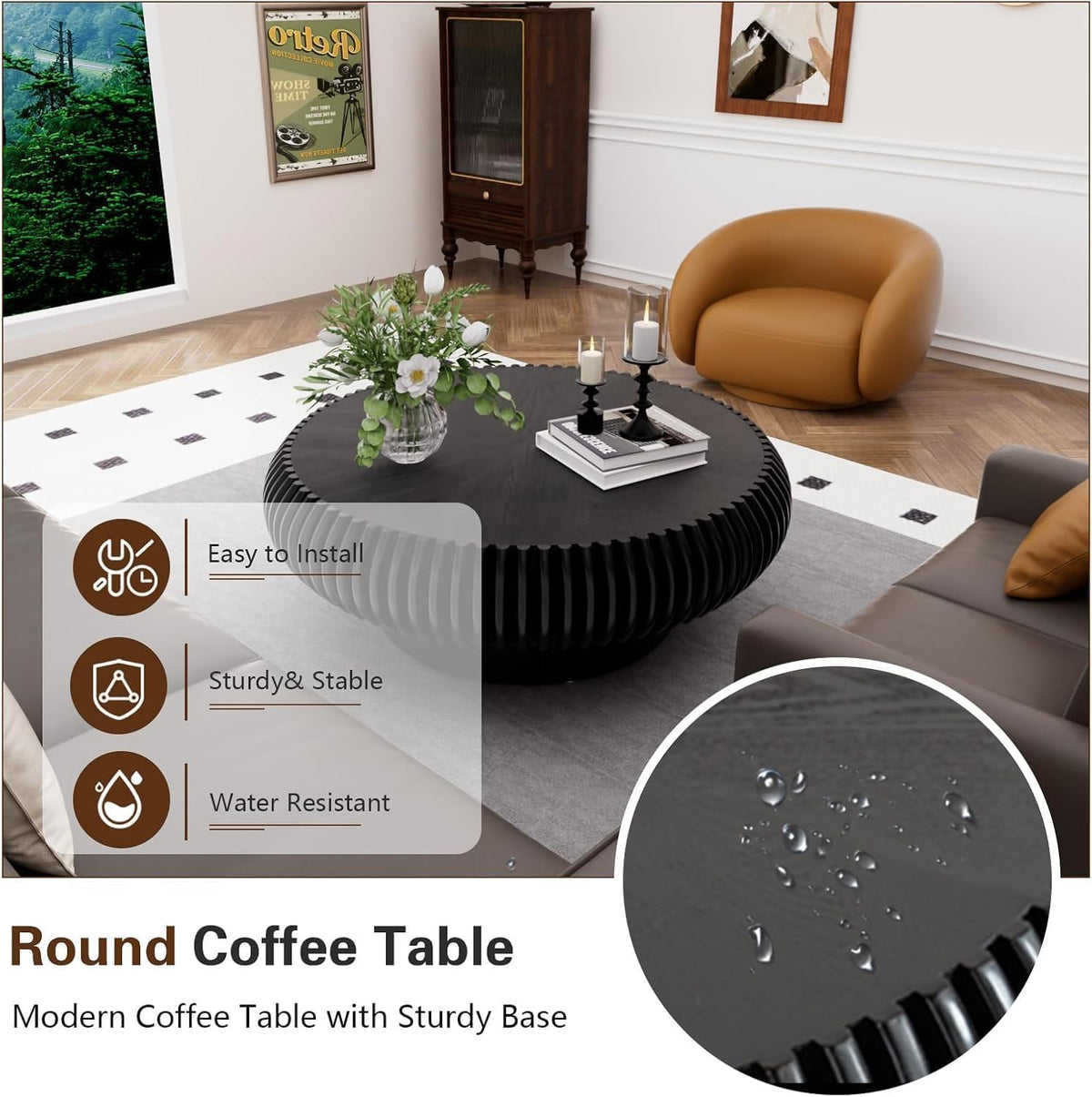 Black Round Fluted Drum Coffee Table S747