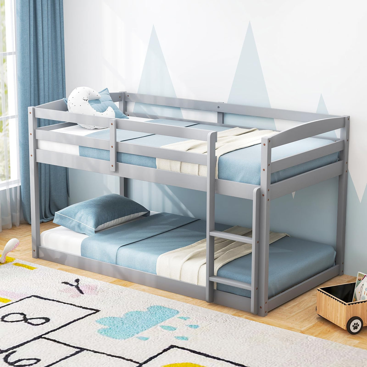 Twin Over Twin Solid Wood Low Bunk Bed with Ladder and Guardrails Z14243