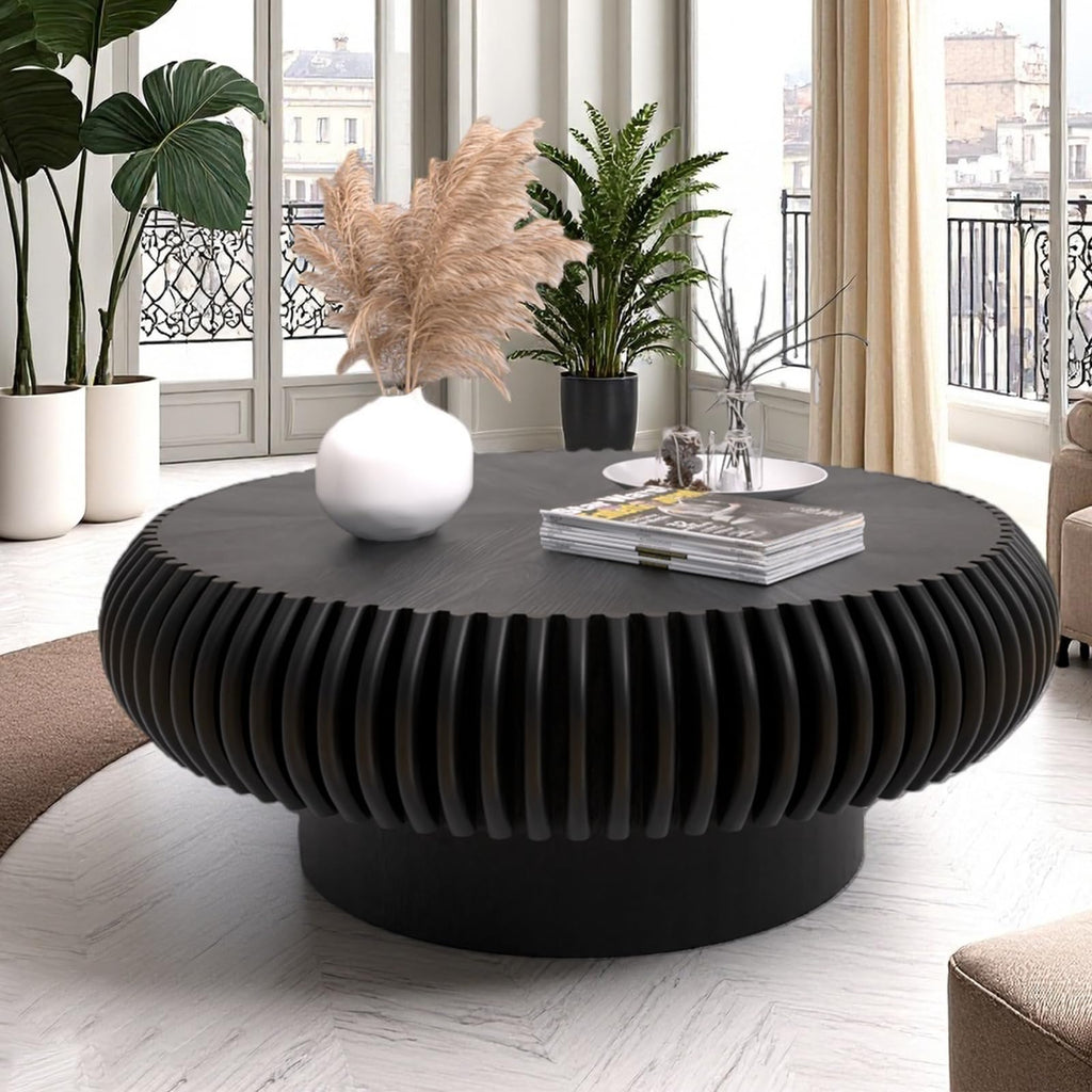 Black Round Fluted Drum Coffee Table S747