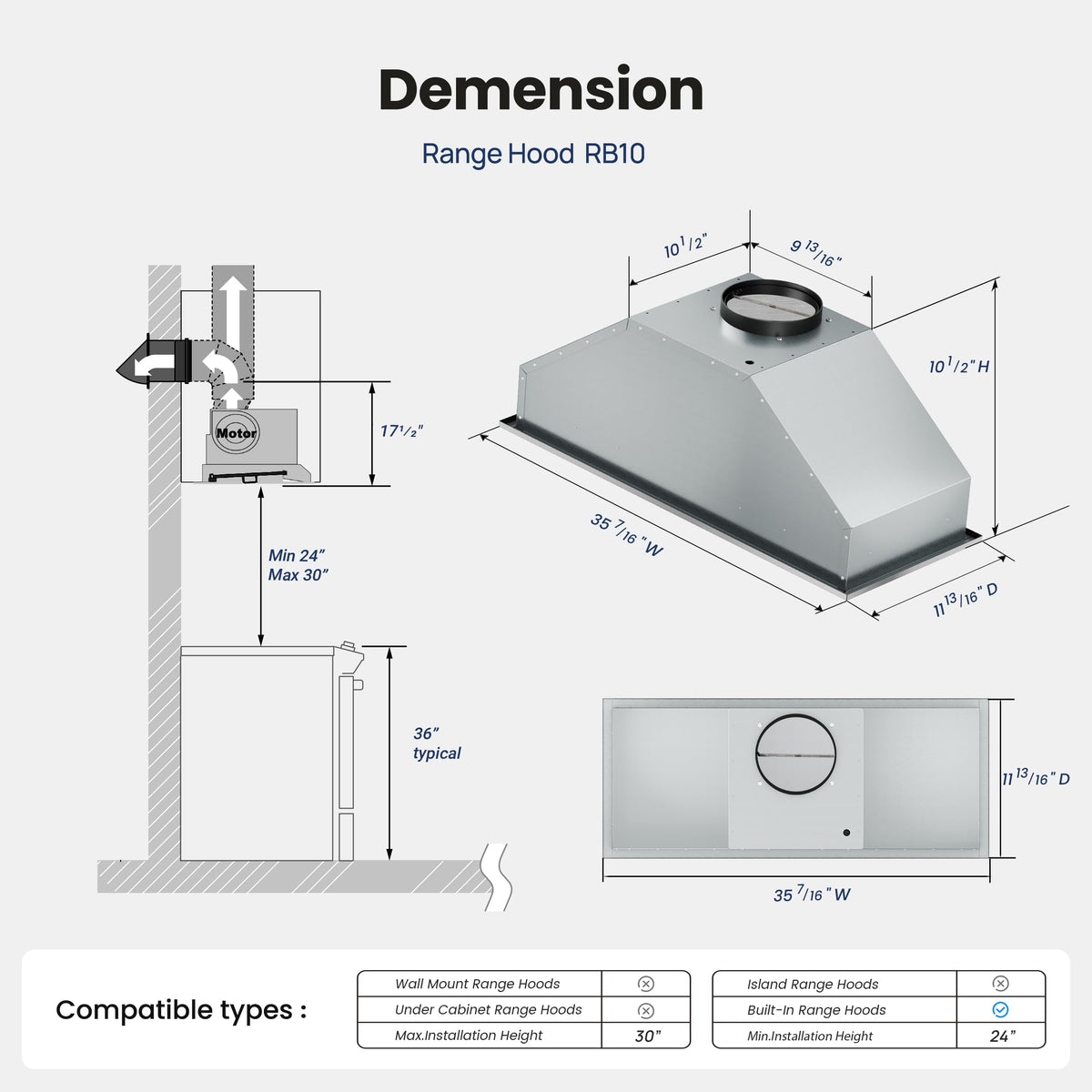 36 Inch 900 CFM Stainless Steel Range Hood Insert C3093