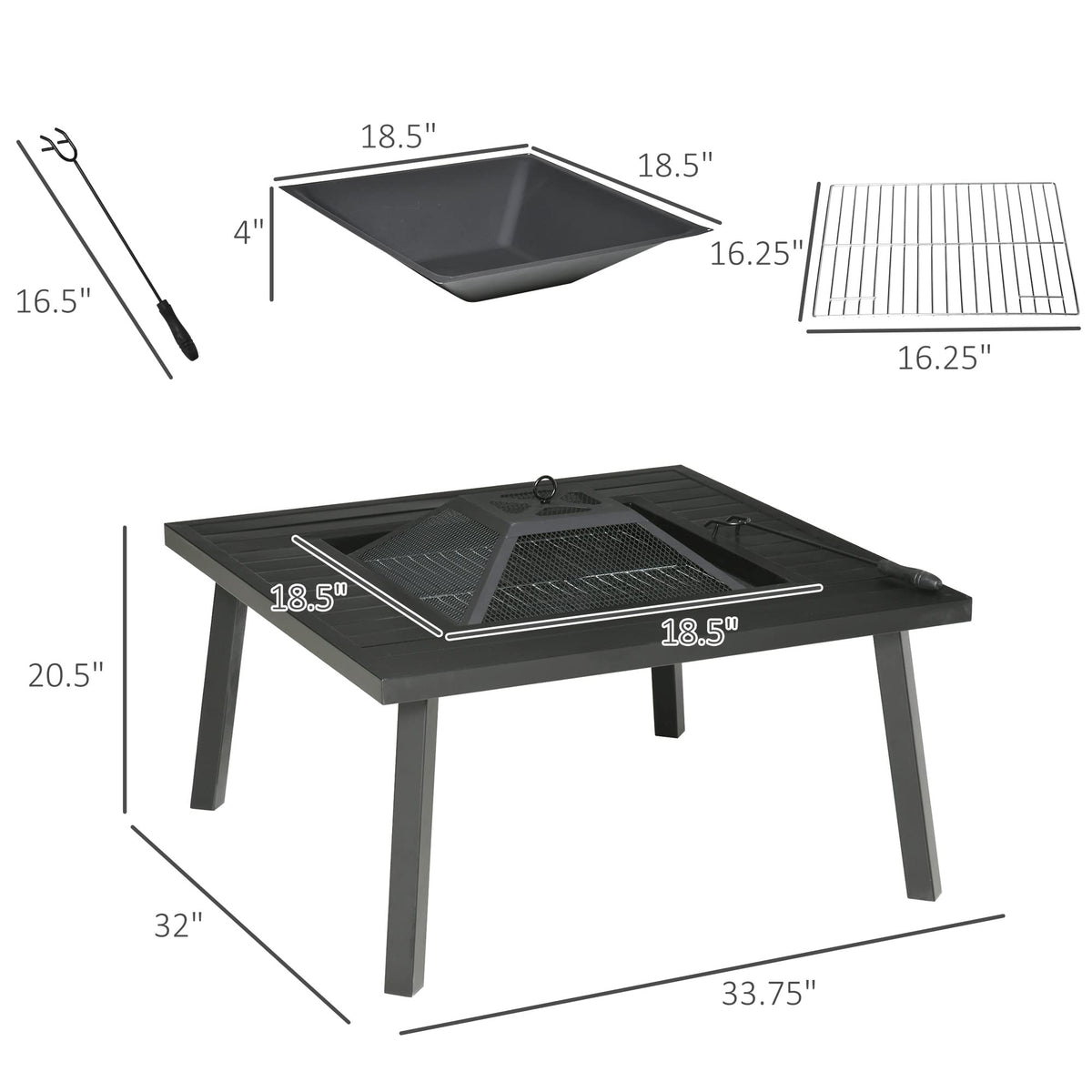 34" Fire Pit with Grill Spark Screen Poker Cover Black O882944