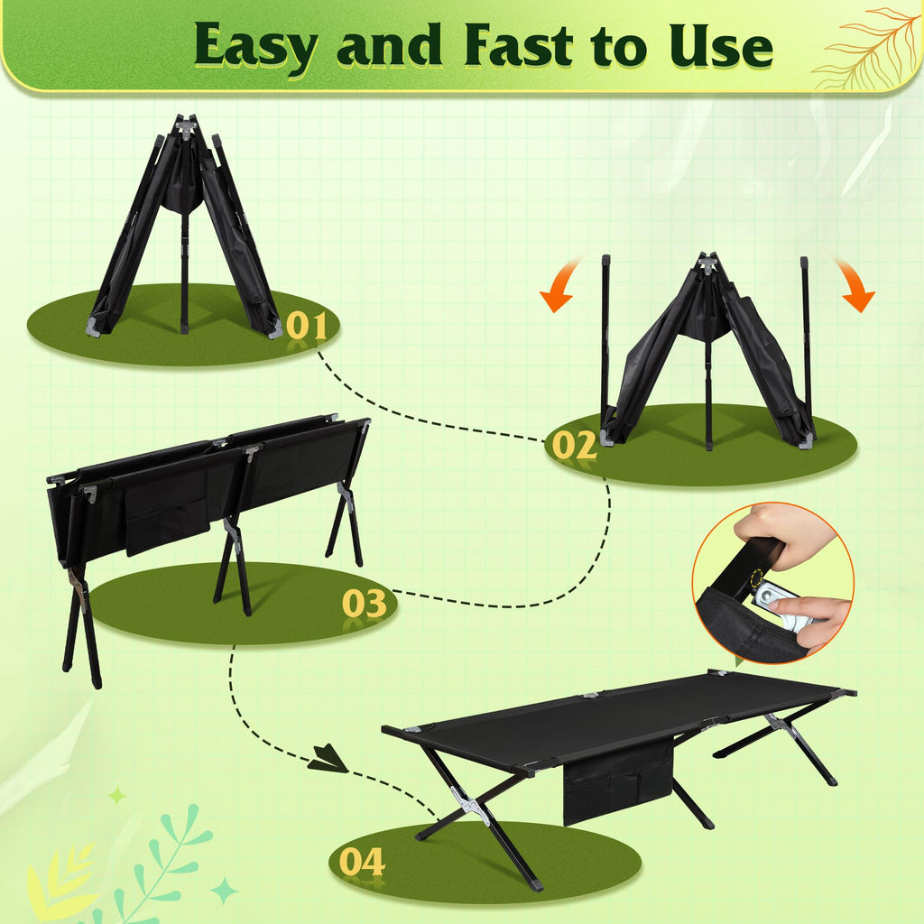 Folding Camping Cot with Carry Bag, 300 lb, Black H809415