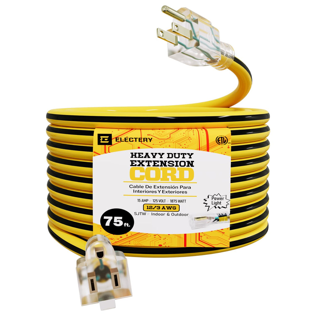 12 Gauge 75 Ft Heavy Duty Extension Cord SJTW Yellow 15Amp 1875W C42024