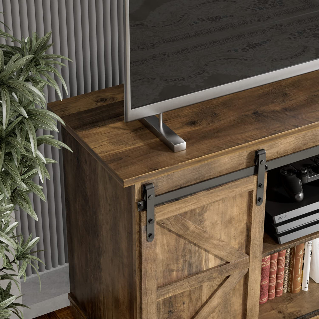 Farmhouse TV Stand for 65 Inch TV with Sliding Barn Doors and Storage Cabinets C1238