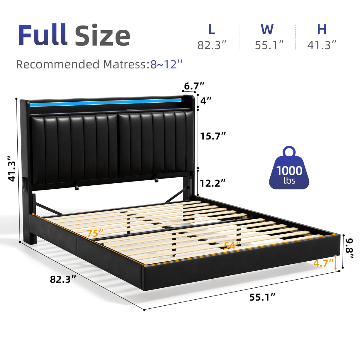 Full Size Black LED Bed Frame with Storage Headboard G3228