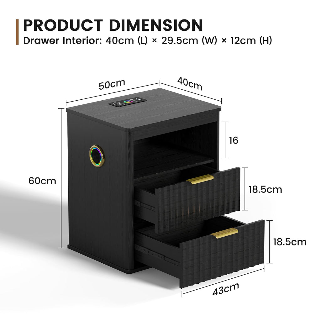 Black Smart Nightstand with Bluetooth Speaker, LED Lights, Wireless Charging, 2 Drawers & Open Shelf O10614