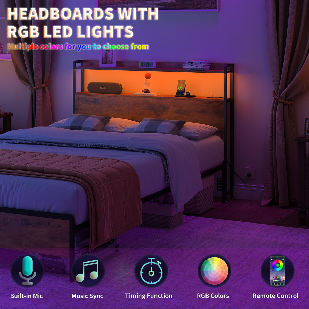 Adjustable Full Size Headboard with Outlets USB Ports Type-C LED Lights and Storage Rustic Brown Y441
