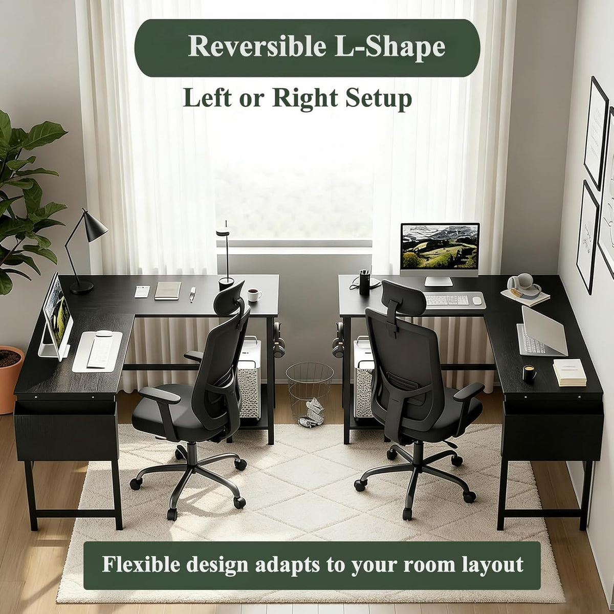 L Shaped 50 Inch Reversible Computer Desk with CPU Stand U7511